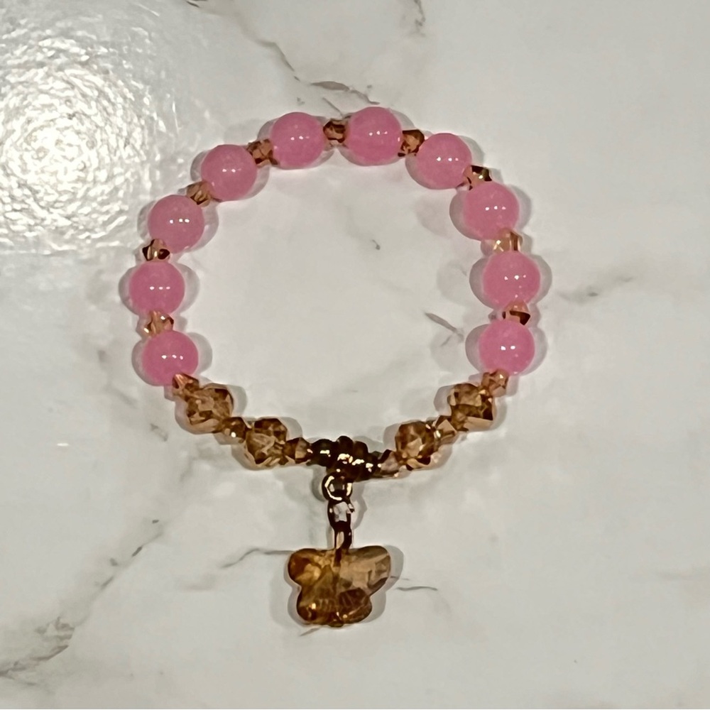 Charming Pink & Honey Butterfly Beaded Stretch Bracelet